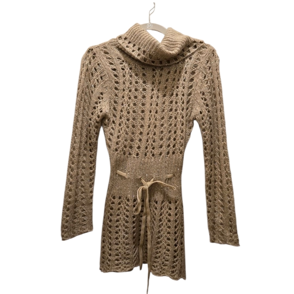 Vintage Y2K Sweater M Beaded Camel Turtleneck Open Knit Sequins Neutral Bow Tie